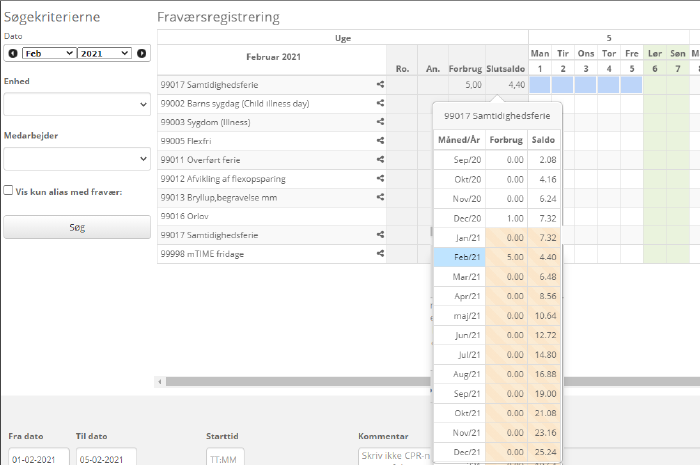 Fravaersregistrering Saldo